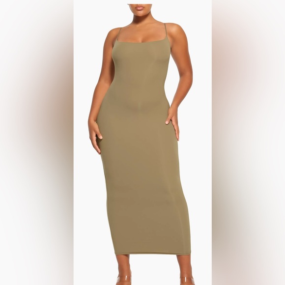 SKIMS Fits Everybody Long Slip Dress in Khaki - Picture 1 of 6